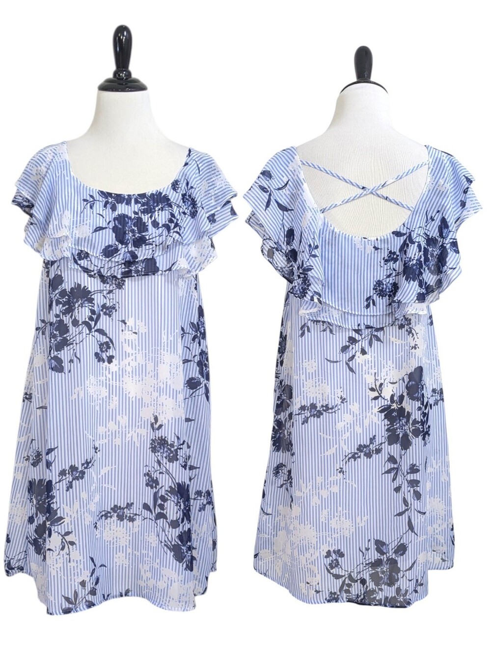 Harlow & Rose Blue & White Floral Stripe Mini Shift Dress - Size Small Womens